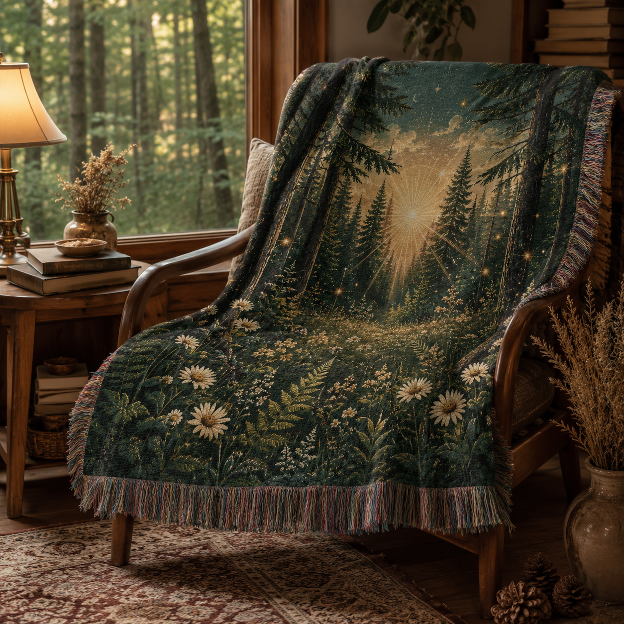 Enchanted forest sunburst woven blanket displayed on a wooden reading chair