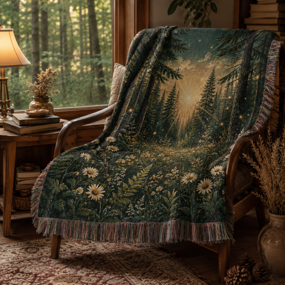 Enchanted forest sunburst woven blanket displayed on a wooden reading chair