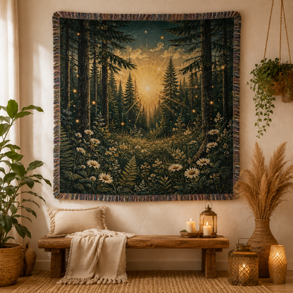 Enchanted forest woven blanket displayed as a boho wall tapestry