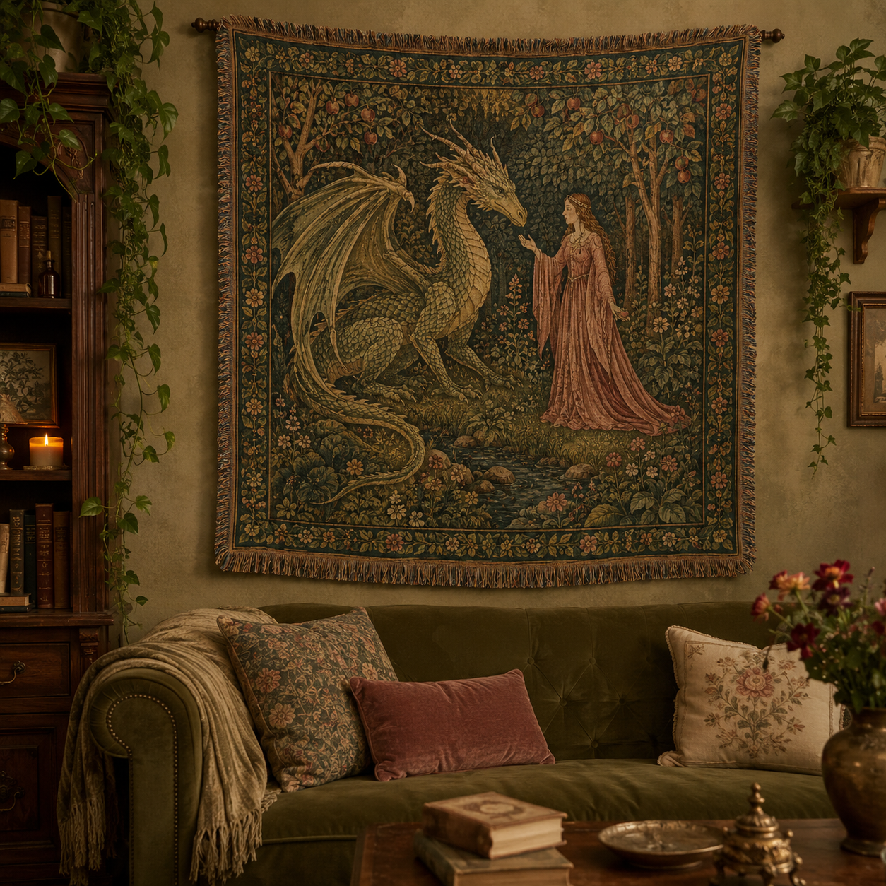 Enchanted garden dragon woven blanket displayed as wall tapestry in a vintage parlor