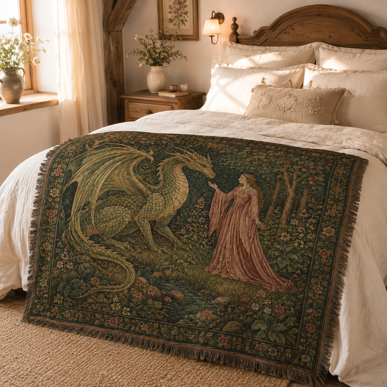 Enchanted garden dragon woven blanket displayed across a cozy rustic bedroom