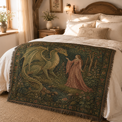 Enchanted garden dragon woven blanket displayed across a cozy rustic bedroom
