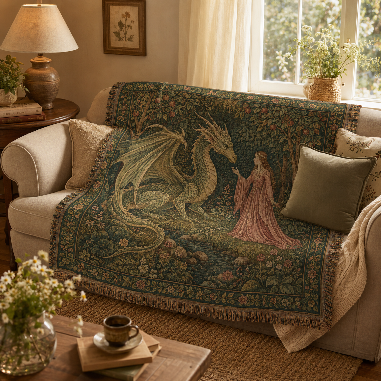 Enchanted garden dragon woven blanket styled on a cream sofa in a warm living room