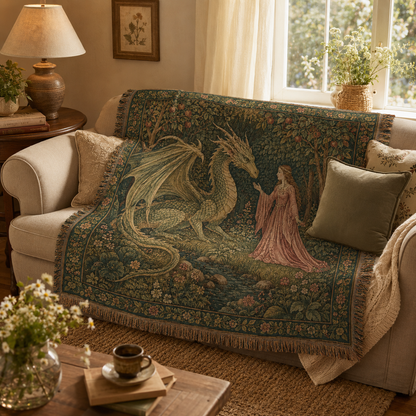 Enchanted garden dragon woven blanket styled on a cream sofa in a warm living room
