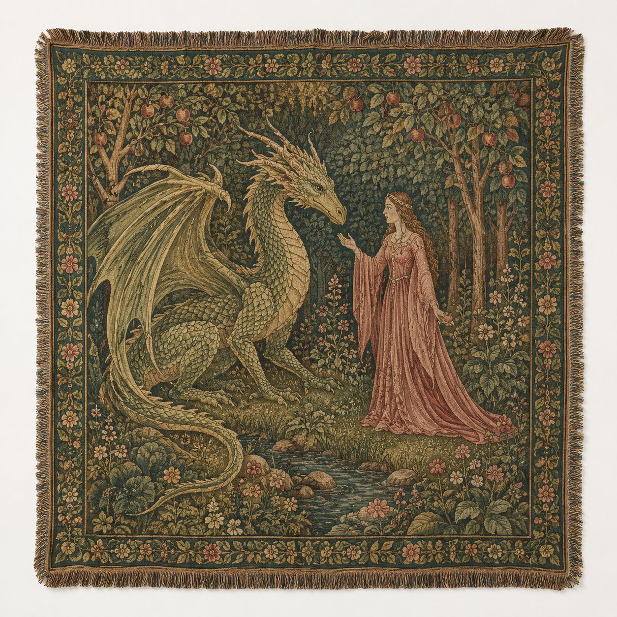 Enchanted garden dragon woven blanket with medieval maiden and floral border