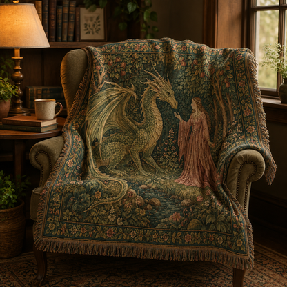 Enchanted garden dragon woven blanket draped over an armchair in a cozy reading nook
