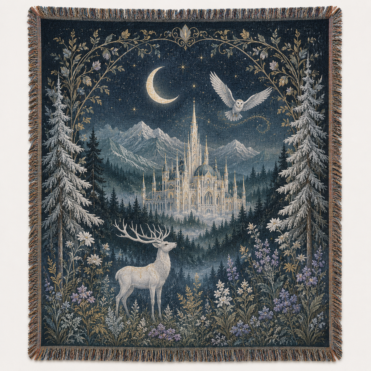 Enchanted moonlit castle woven blanket with white stag and owl