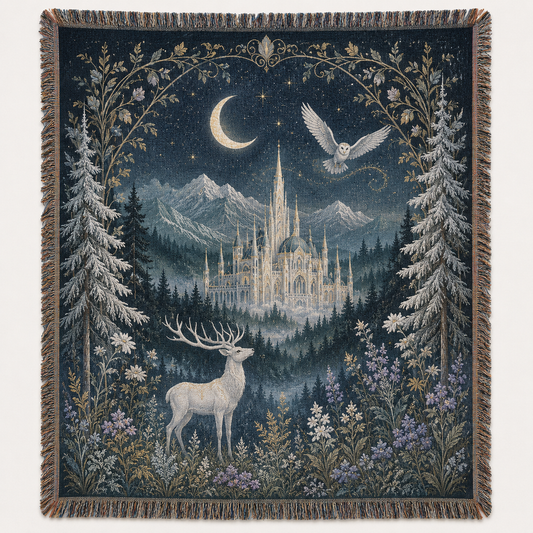 Enchanted moonlit castle woven blanket with white stag and owl