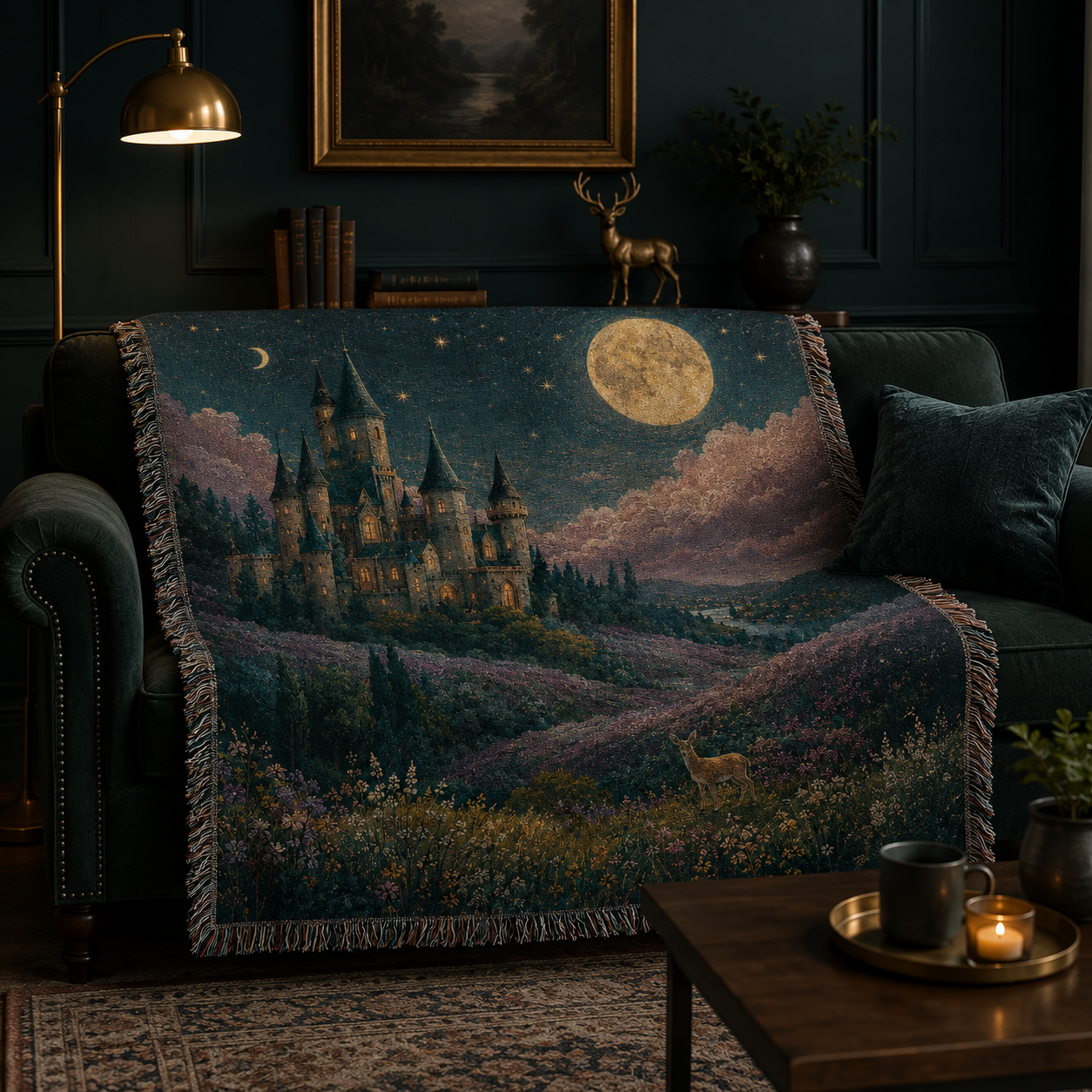 Enchanted moonlit castle woven blanket styled on a dark teal sofa in a moody living room