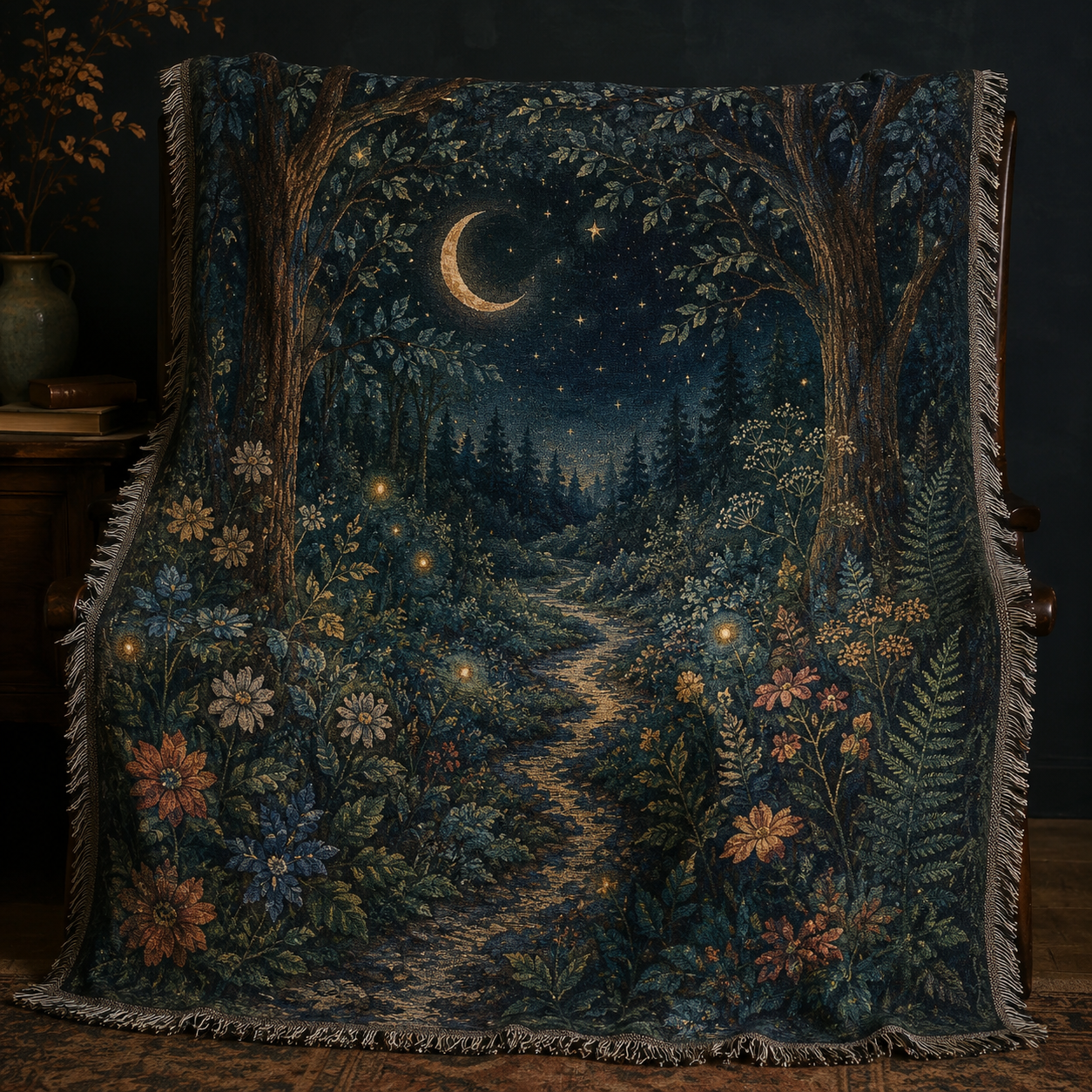 Moonlit forest woven blanket full design view