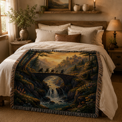 Fantasy mountain quest woven blanket styled across a cozy rustic bed