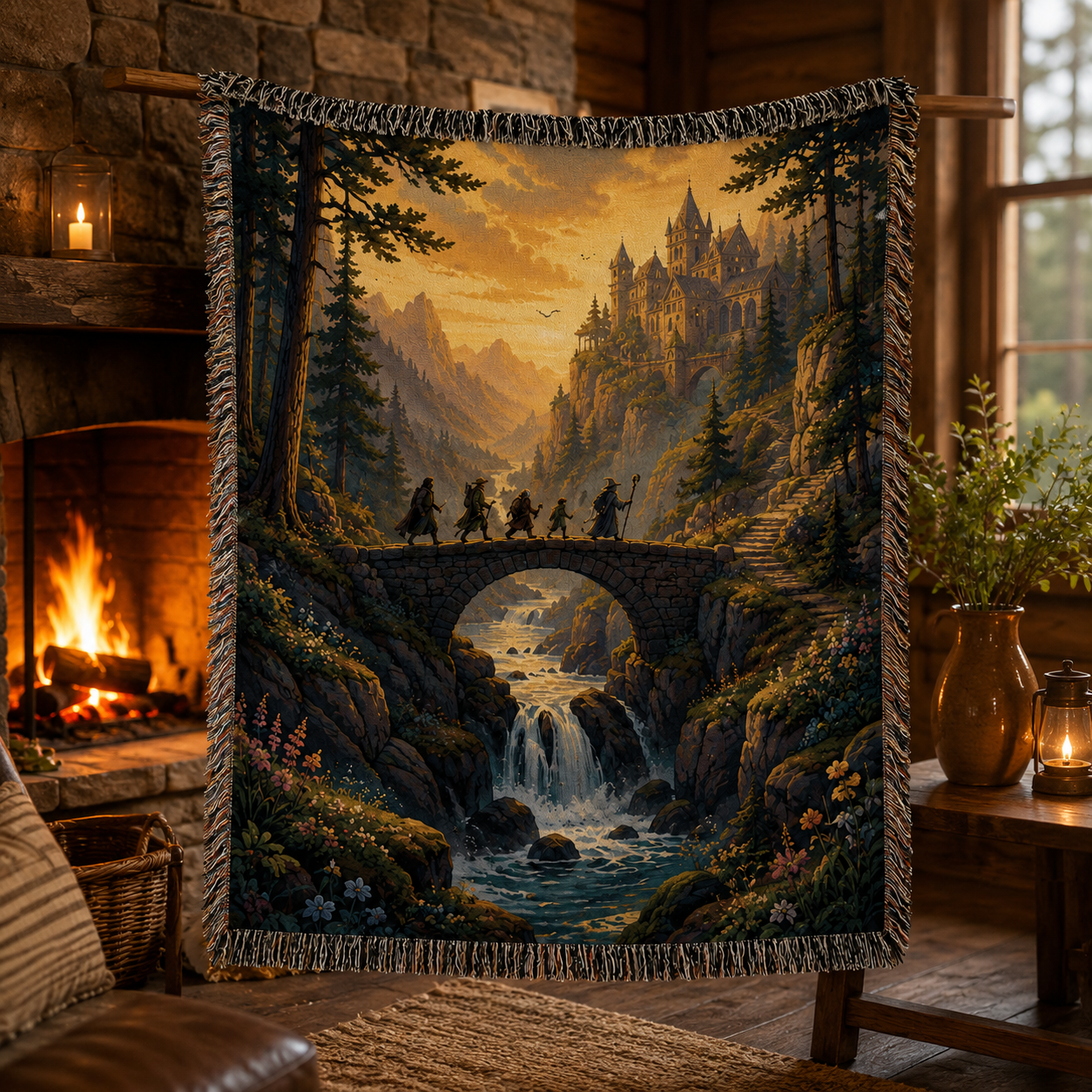 Fantasy mountain quest woven blanket displayed in a warm rustic cabin