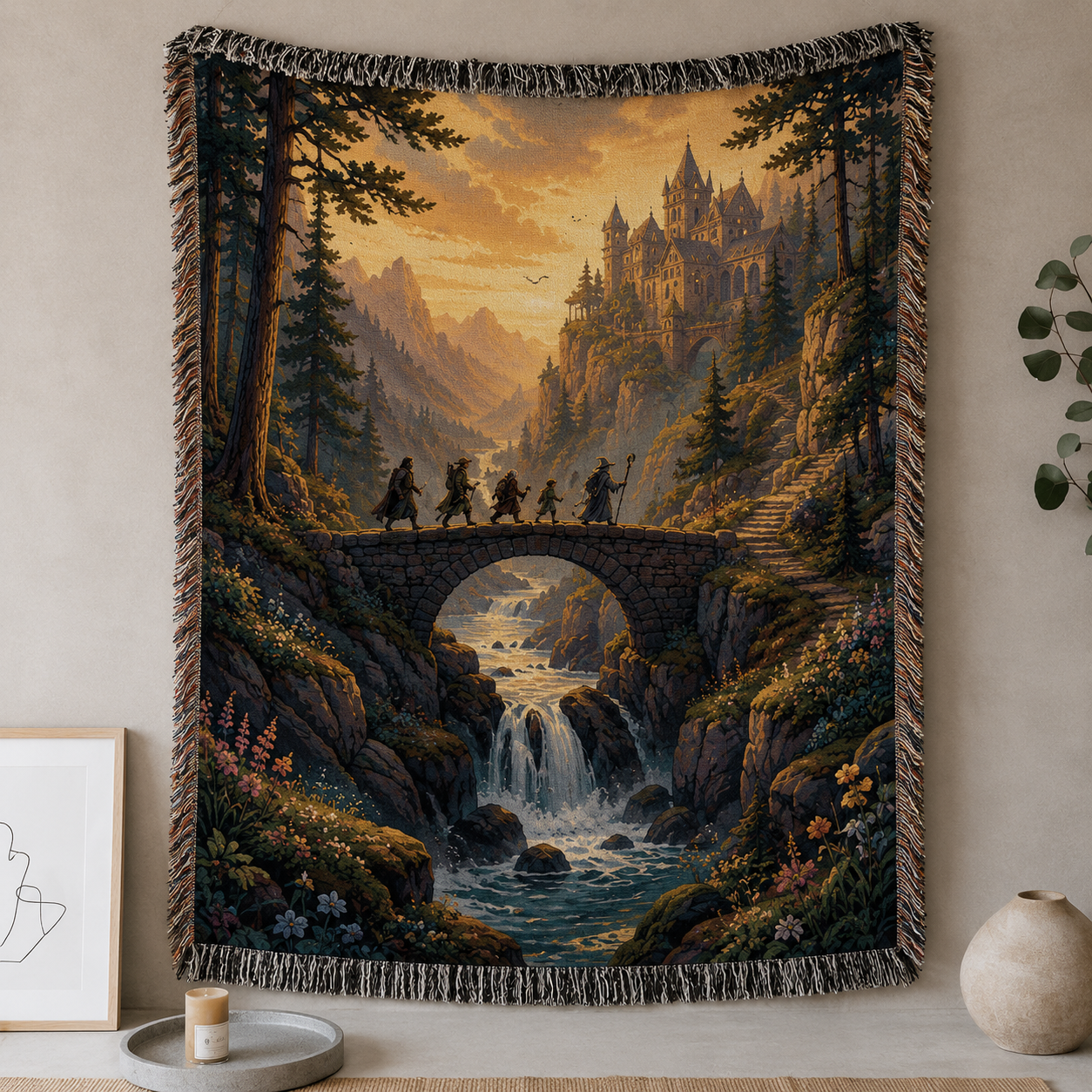Enchanted mountain quest woven blanket with stone bridge, waterfall and cliffside castle