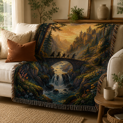 Fantasy mountain quest woven blanket styled on a cream sofa