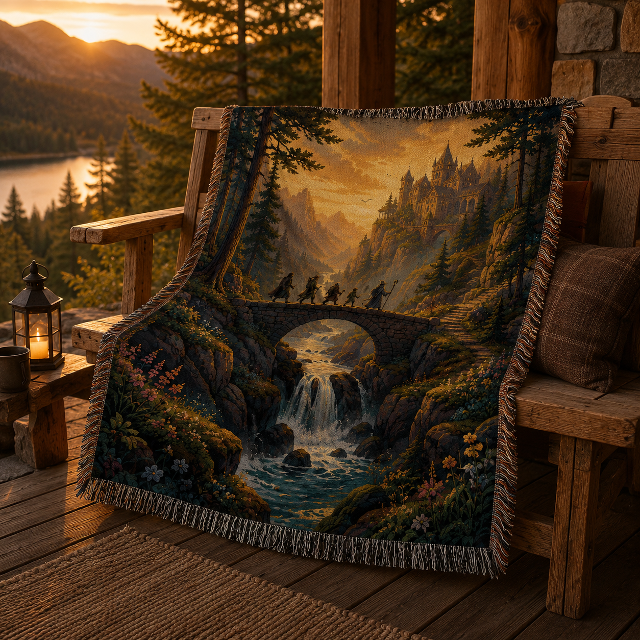 Fantasy mountain quest woven blanket styled outdoors on a mountain cabin porch