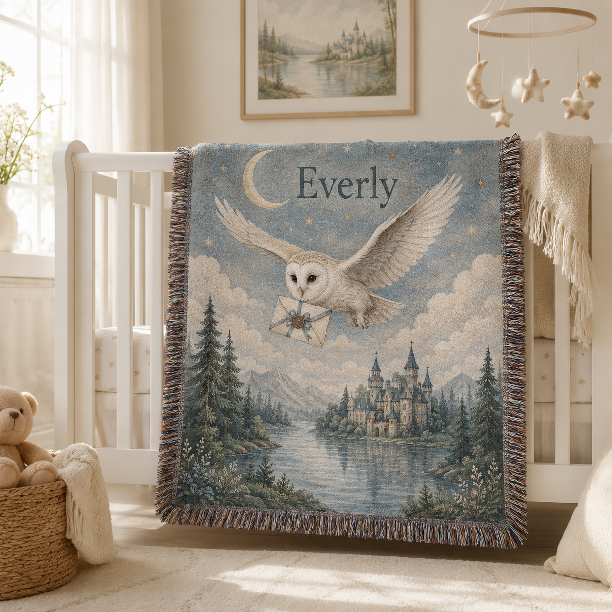 Personalized enchanted owl woven blanket displayed on a nursery crib