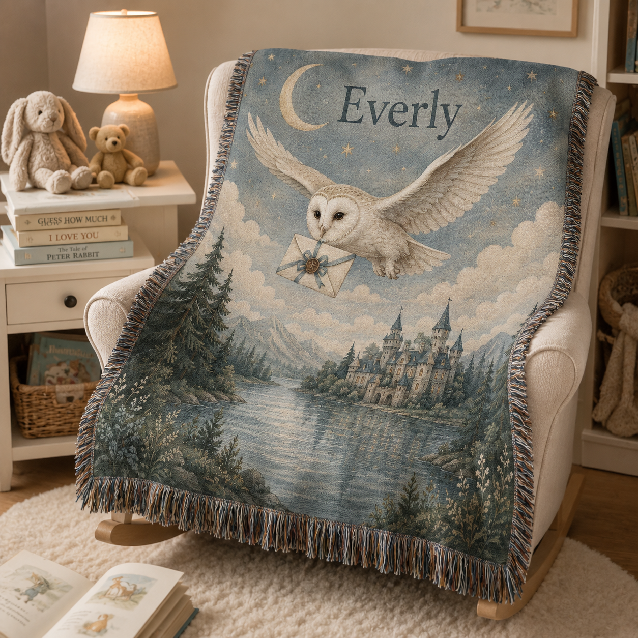 Personalized enchanted owl woven blanket styled on a cozy nursery reading chair