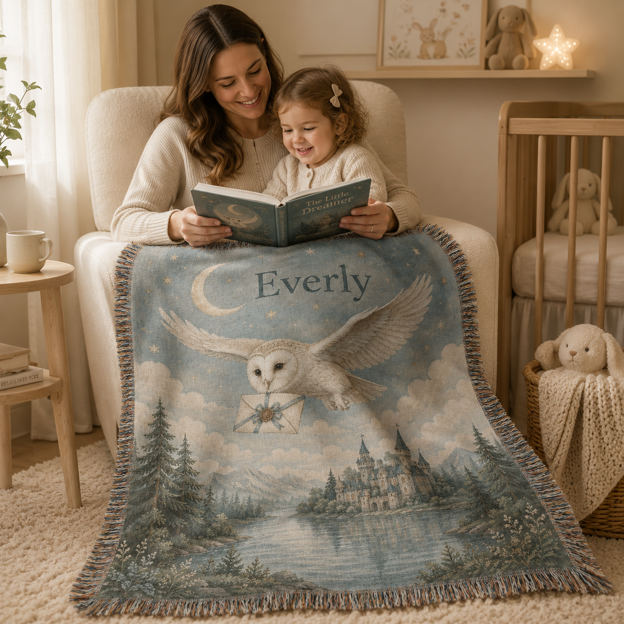 Mother and child reading together under a personalized enchanted owl woven blanket