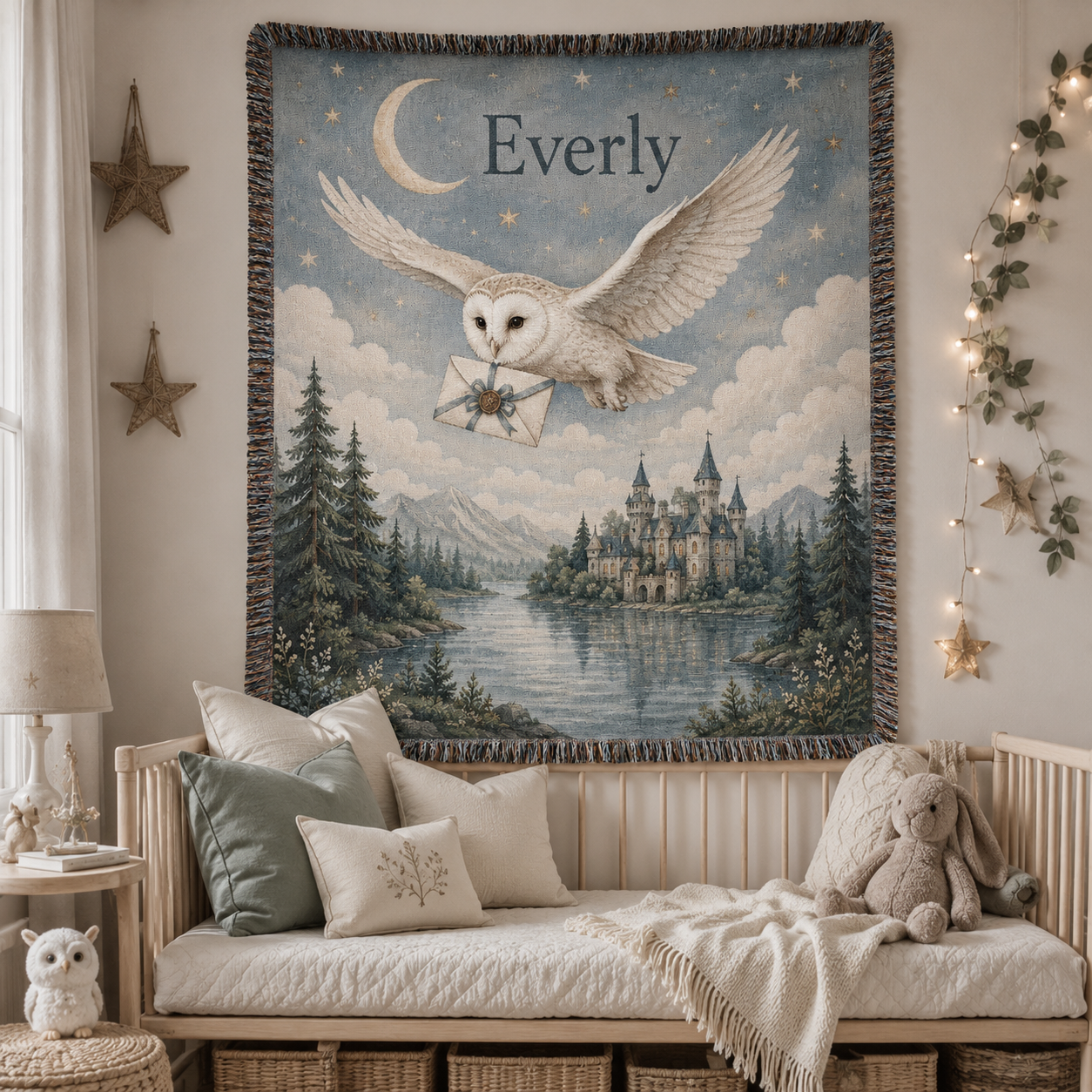 Personalized enchanted owl woven blanket displayed as nursery wall tapestry