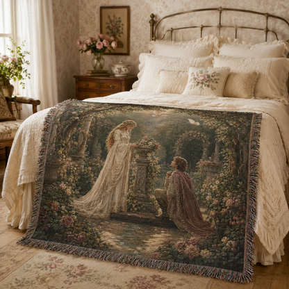 Romantic fairytale woven blanket styled across a vintage cottage bedroom bed