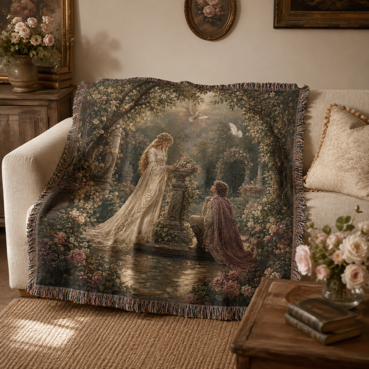 Enchanted garden woven blanket draped over a neutral sofa in a romantic living room