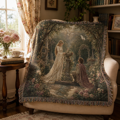 Romantic rose garden tapestry blanket displayed on an armchair in a cozy reading nook