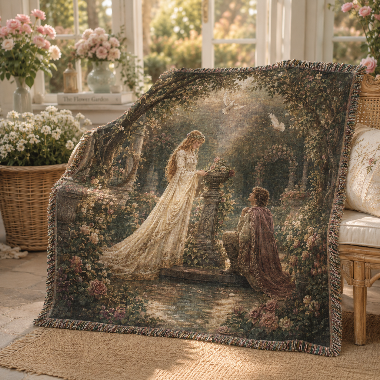 Romantic fairytale woven blanket styled in a sunlit floral conservatory