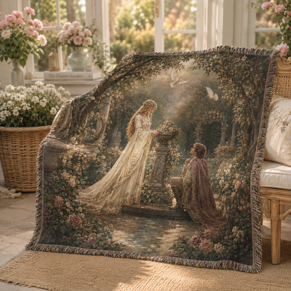 Romantic fairytale woven blanket styled in a sunlit floral conservatory