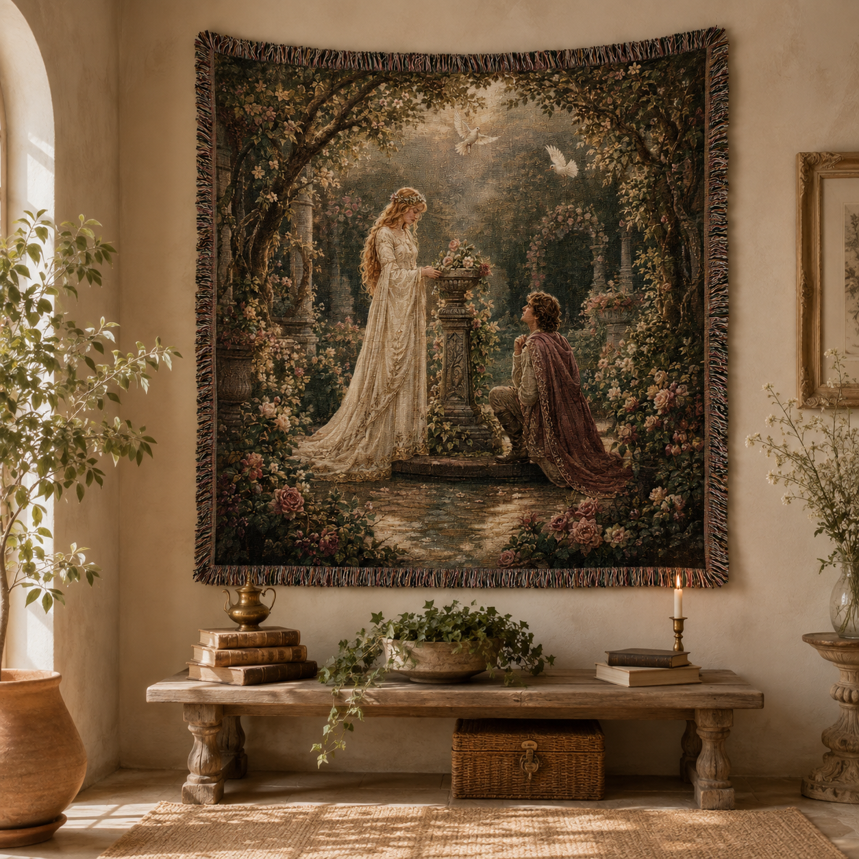 Enchanted rose garden woven blanket displayed as romantic wall tapestry decor