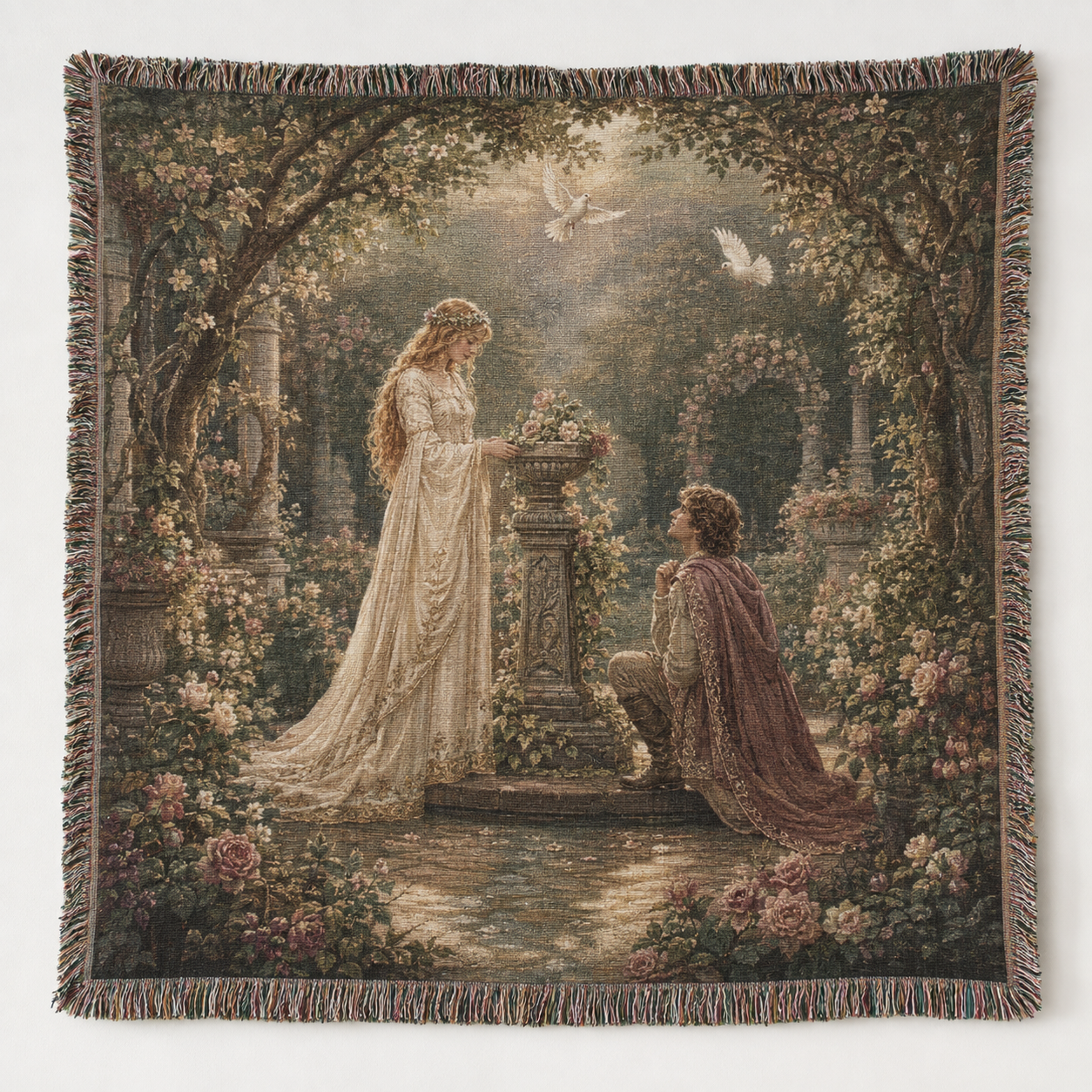 Enchanted rose garden woven blanket with romantic fairytale figures and decorative fringe