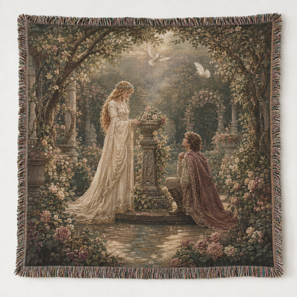 Enchanted rose garden woven blanket with romantic fairytale figures and decorative fringe