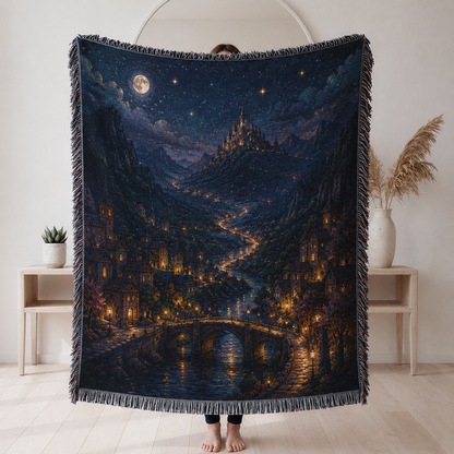 Enchanted valley city woven tapestry blanket with moonlit castle, glowing village, arched bridge, river and starry night sky
