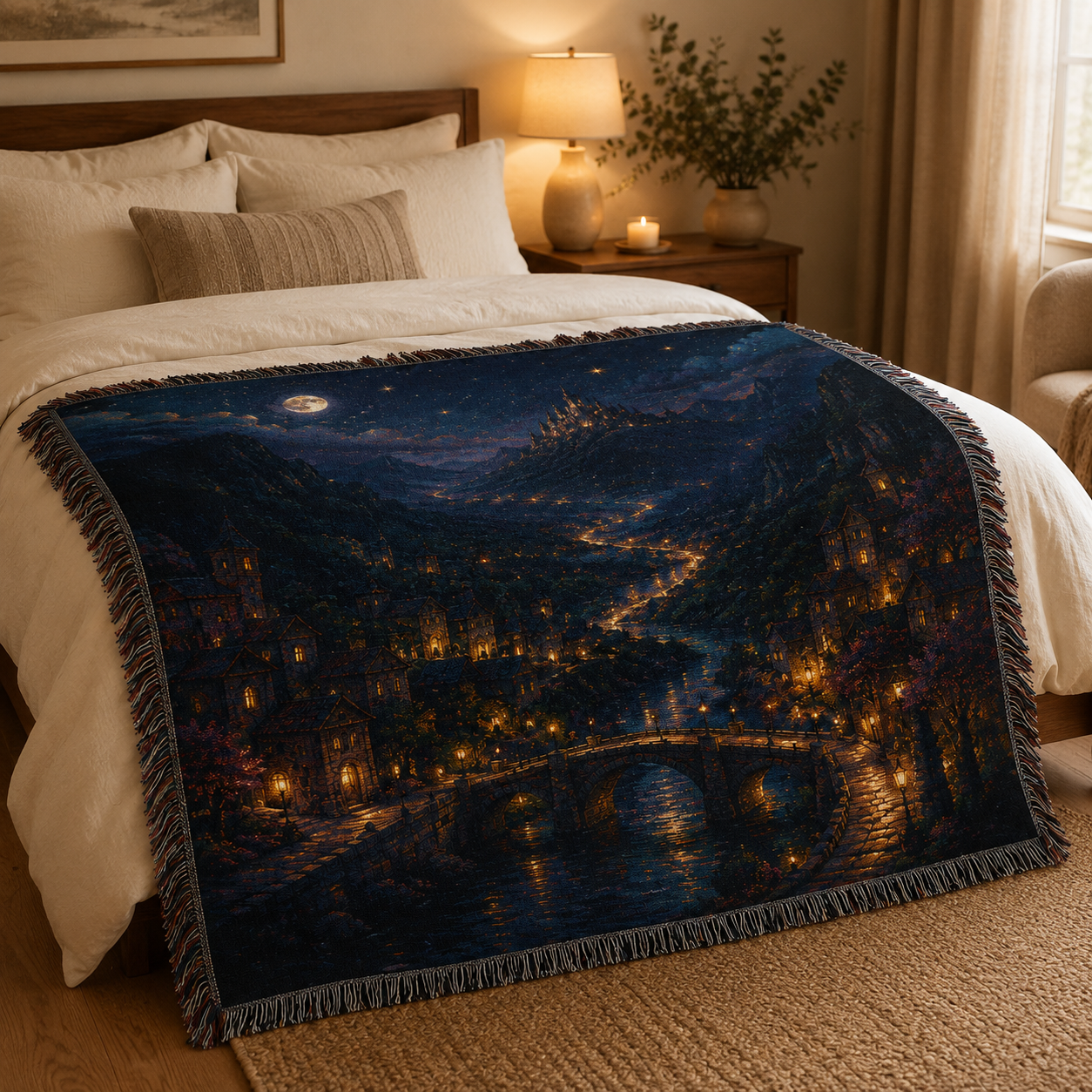 Enchanted valley city woven tapestry blanket styled across a warm neutral bedroom bed