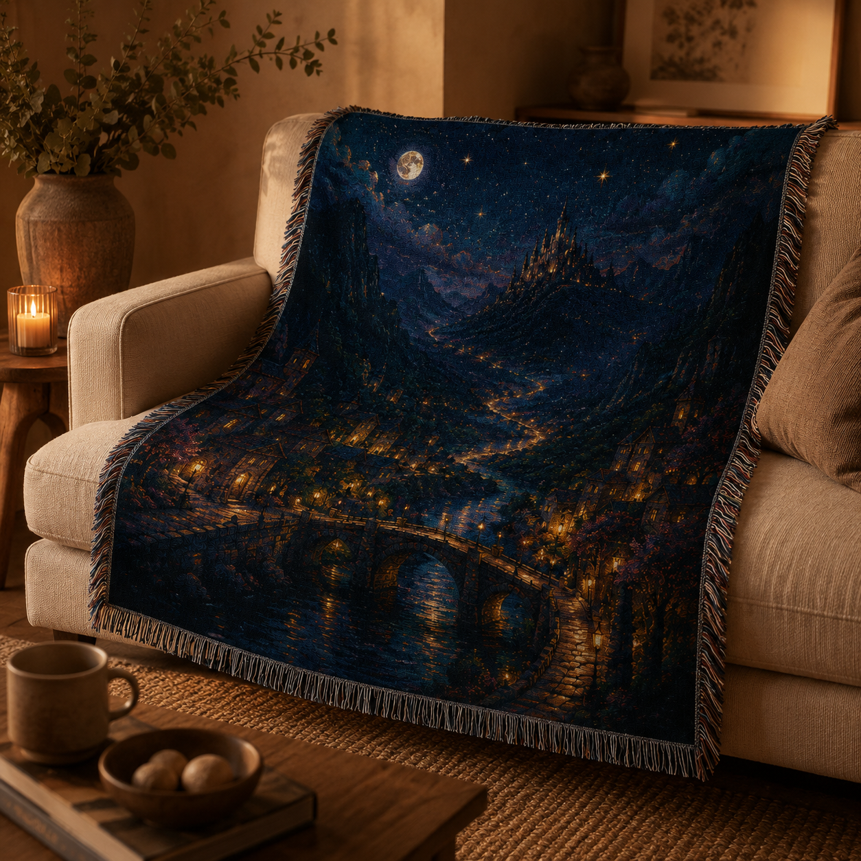 Enchanted valley city woven tapestry blanket draped over a cream sofa in a cozy warmly lit living room