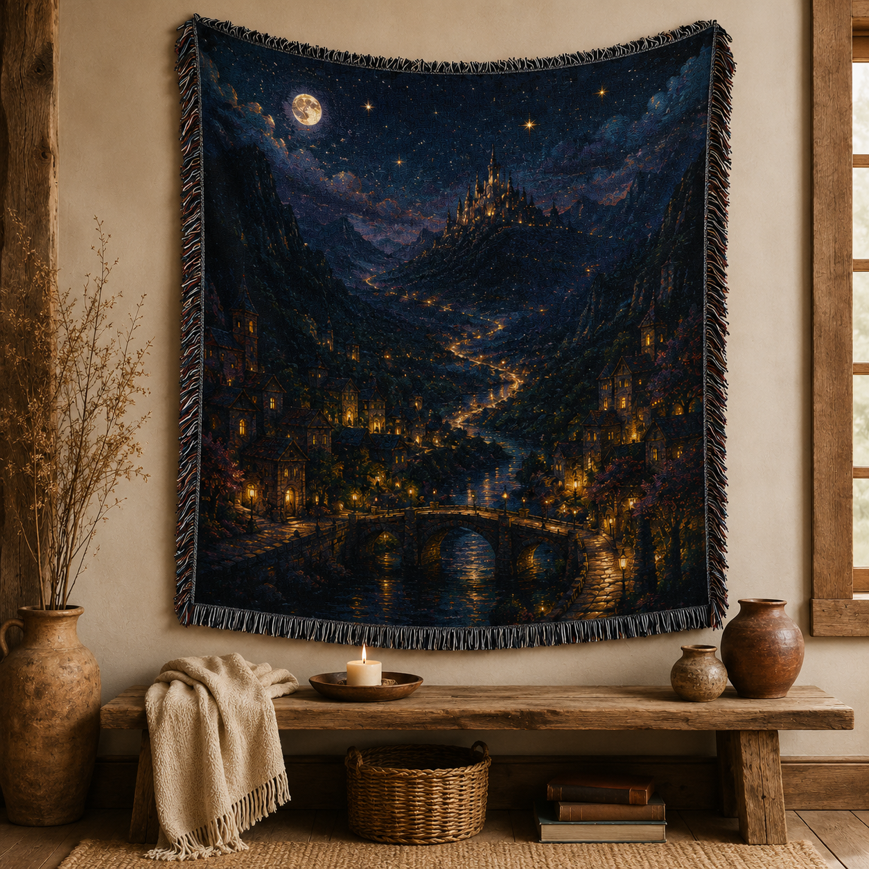 Enchanted valley city woven tapestry displayed as fantasy wall decor above a rustic wooden bench