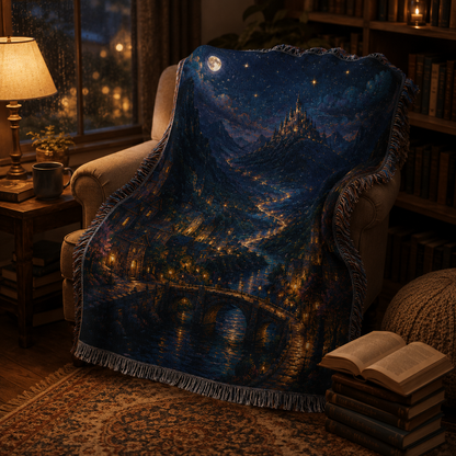 Enchanted valley city woven tapestry blanket draped over an armchair in a cozy nighttime reading nook