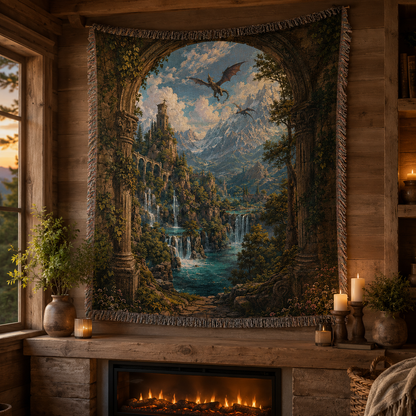 Enchanted dragon waterfall woven tapestry above a rustic cabin fireplace