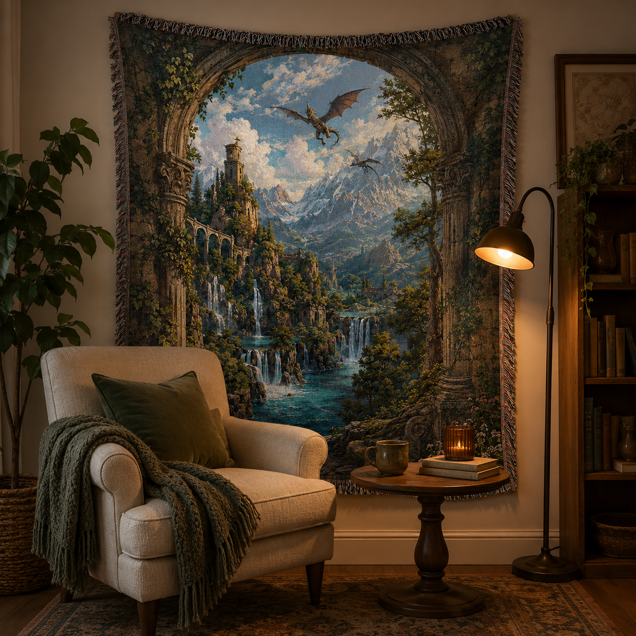 Enchanted dragon waterfall woven tapestry in a cozy reading nook