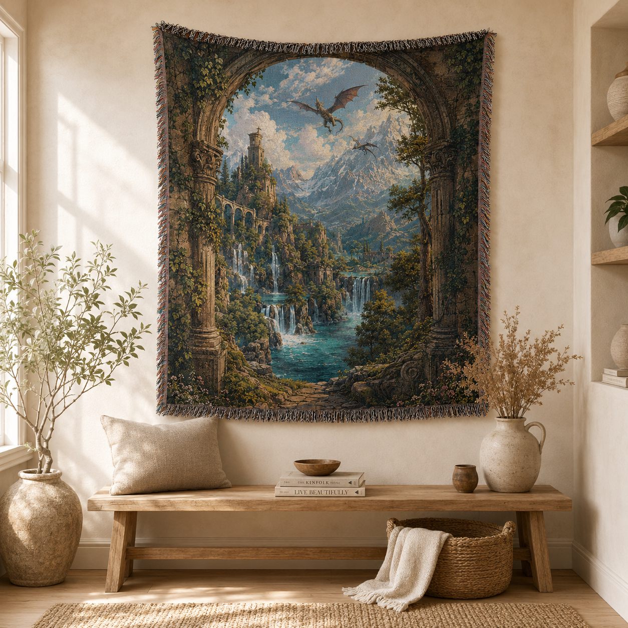 Fantasy dragon waterfall woven tapestry displayed above a wooden bench