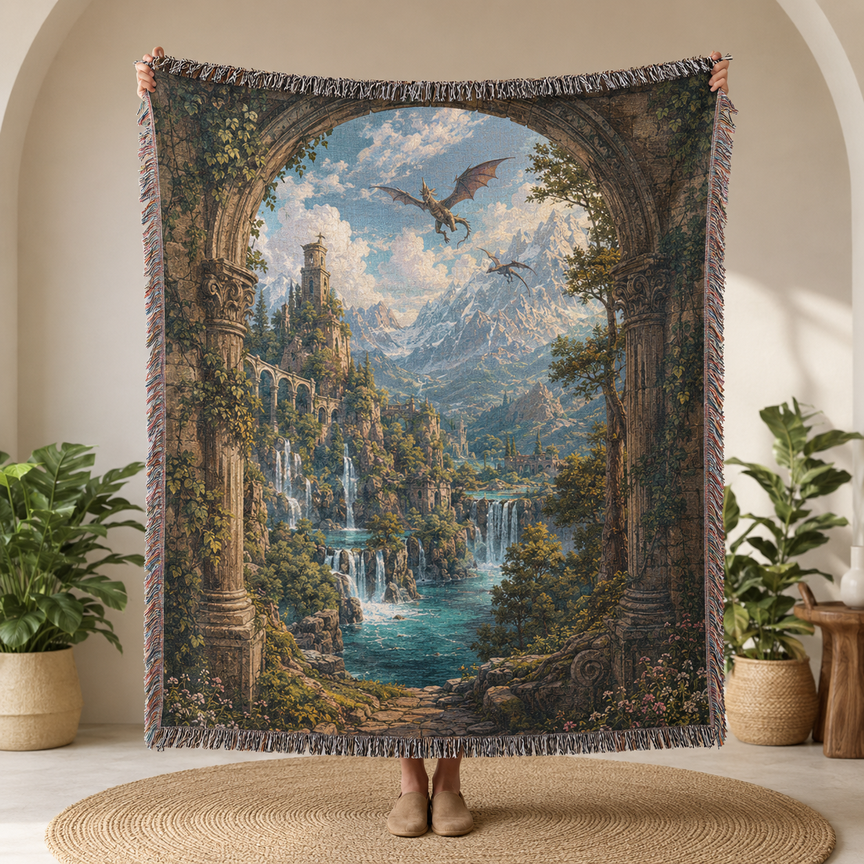 Enchanted waterfall dragon woven tapestry blanket with ancient stone arch and fantasy mountain valley