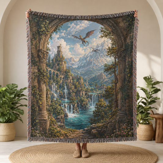 Enchanted waterfall dragon woven tapestry blanket with ancient stone arch and fantasy mountain valley