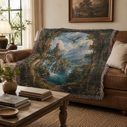 Fantasy landscape dragon woven blanket styled on a leather sofa