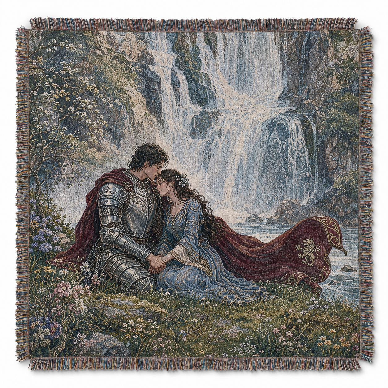 Enchanted waterfall romance woven blanket with medieval couple and fringed edges