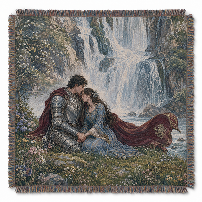 Enchanted waterfall romance woven blanket with medieval couple and fringed edges