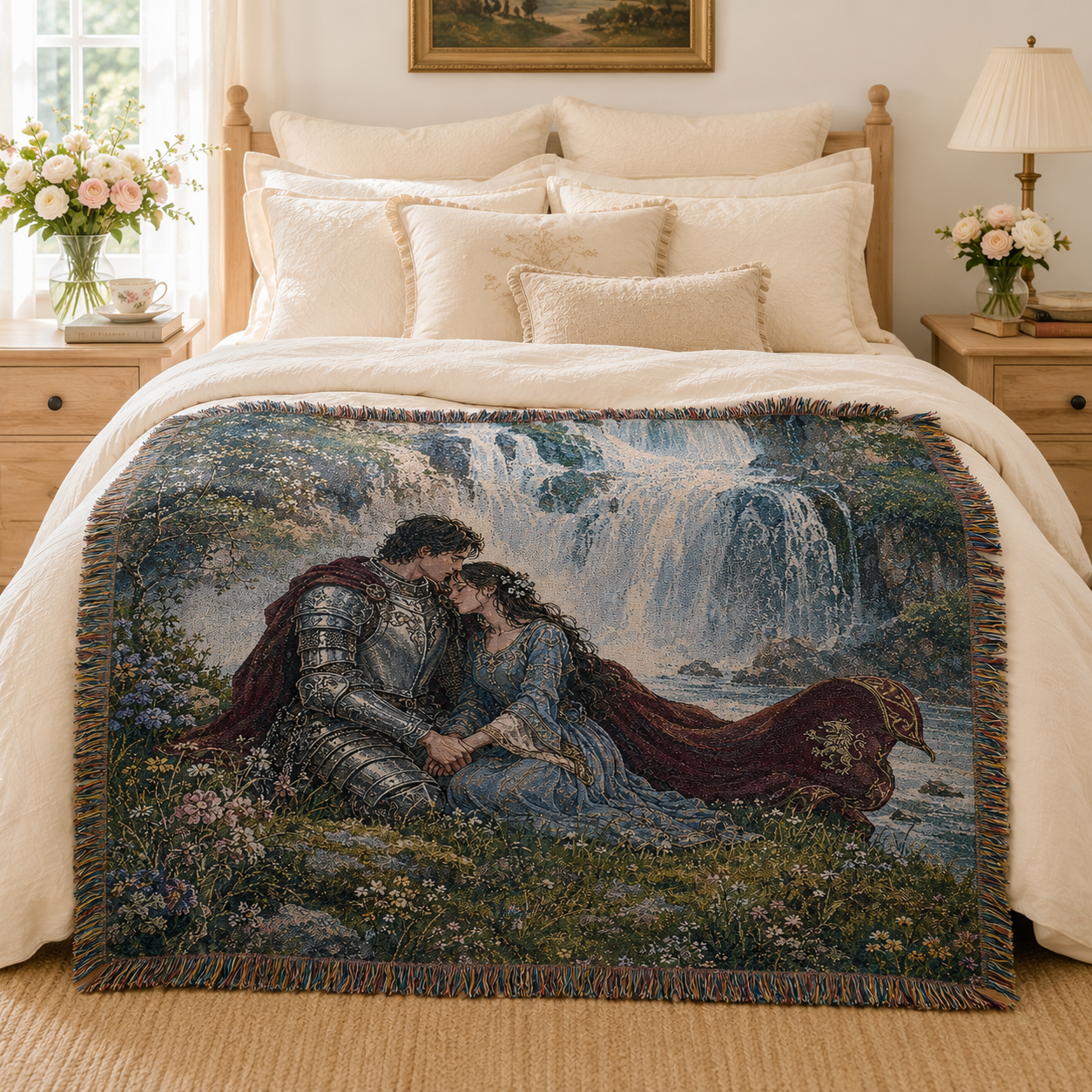 Fantasy romance woven throw styled across an ivory bedroom bed