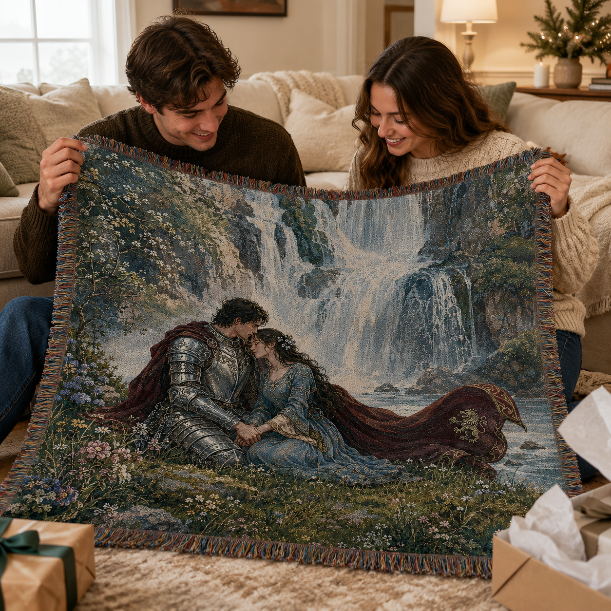 Young couple admiring an enchanted medieval romance woven blanket as a gift