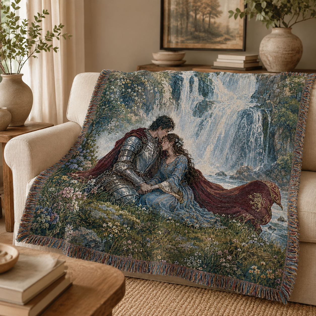 Romantic medieval woven blanket displayed on a beige sofa in a cozy living room