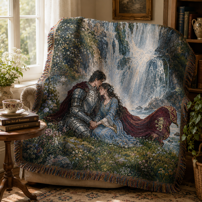 Medieval romance woven blanket draped over a reading chair beside books and tea