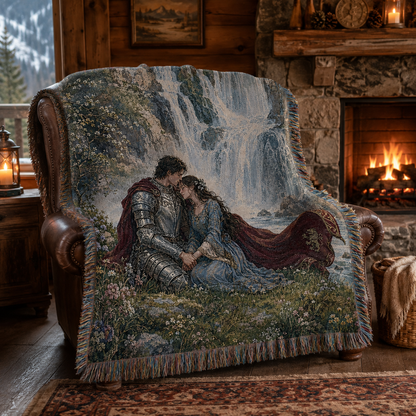 Enchanted waterfall woven blanket styled on a leather chair by a fireplace