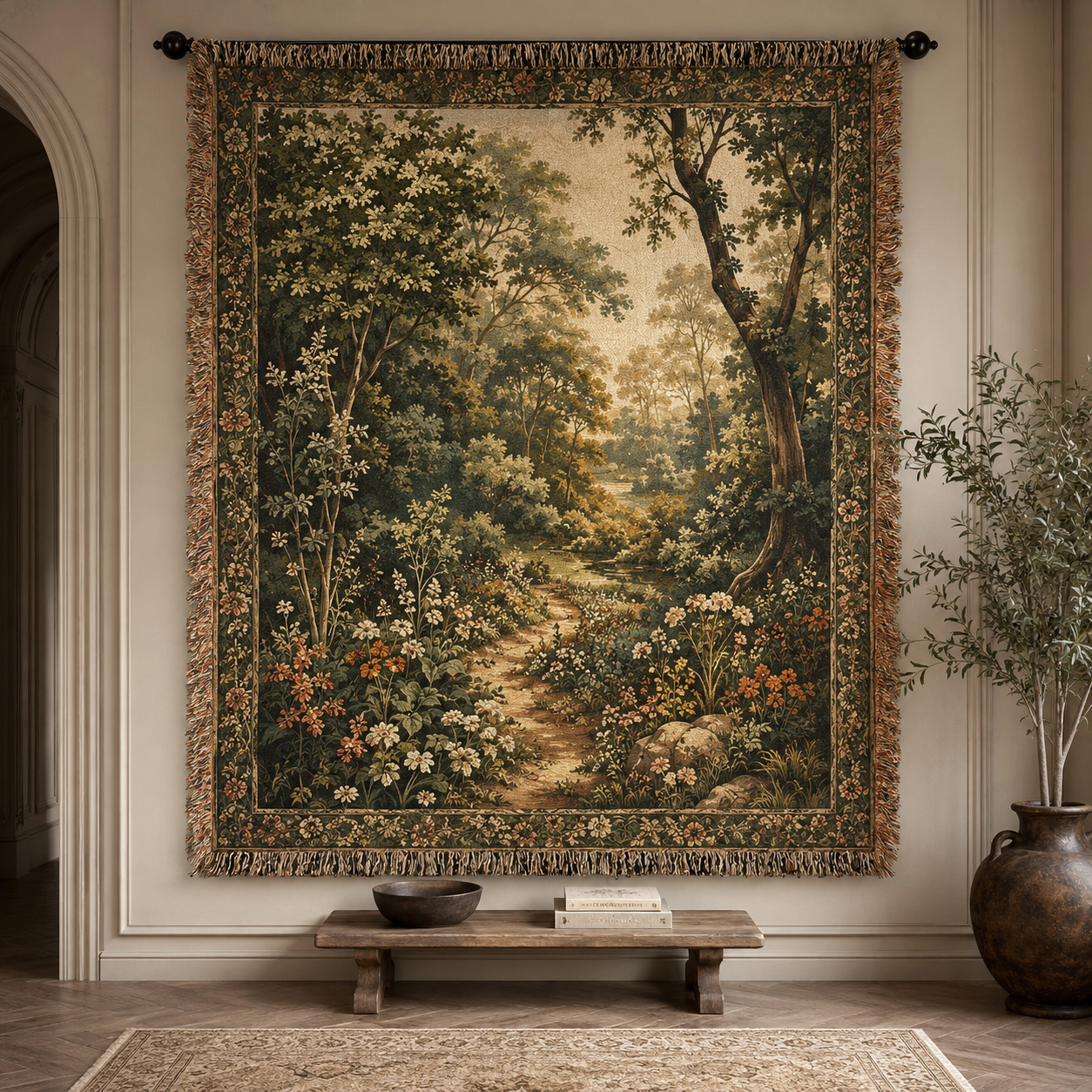 Enchanted woodland garden woven blanket with forest path, wildflowers and decorative fringe